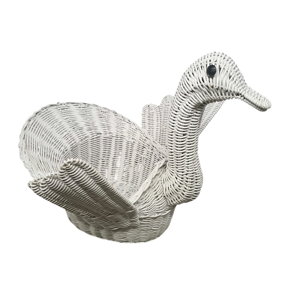 Vintage White Rattan Wicker Swan Planter Basket Duck Goose MCM